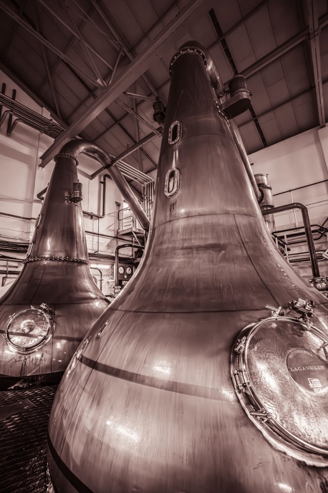 Lagavulin Distillery Wash Stills. They measure almost 7m in height. 10,800 litres of wort/wash is used to charge each wash stills per cycle. The charge for the wash stills less than that for the spirit stills (typically it's the other way around).