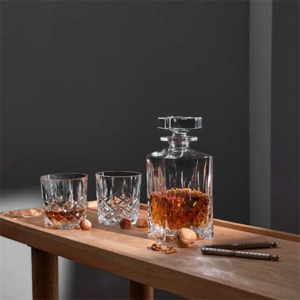 Marquis-Markham-Decanter-Glass-Timber square decanter and two double old fashioned tumblers on a timber table