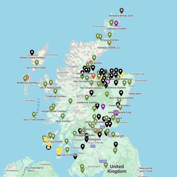 Scotland Distillery Map 2025 Edition screen shot of interactive google map showing all the whisky distilleries in Scotland in 2025